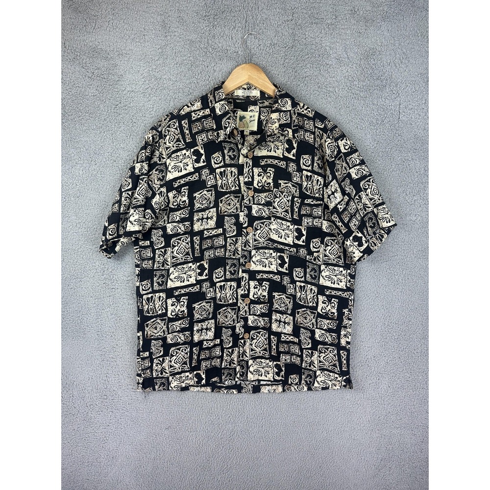 Vintage M.E. Sport Shirt Mens Medium Black Beige Rayon Hawaiian Tiki Camp Block - Picture 2 of 7